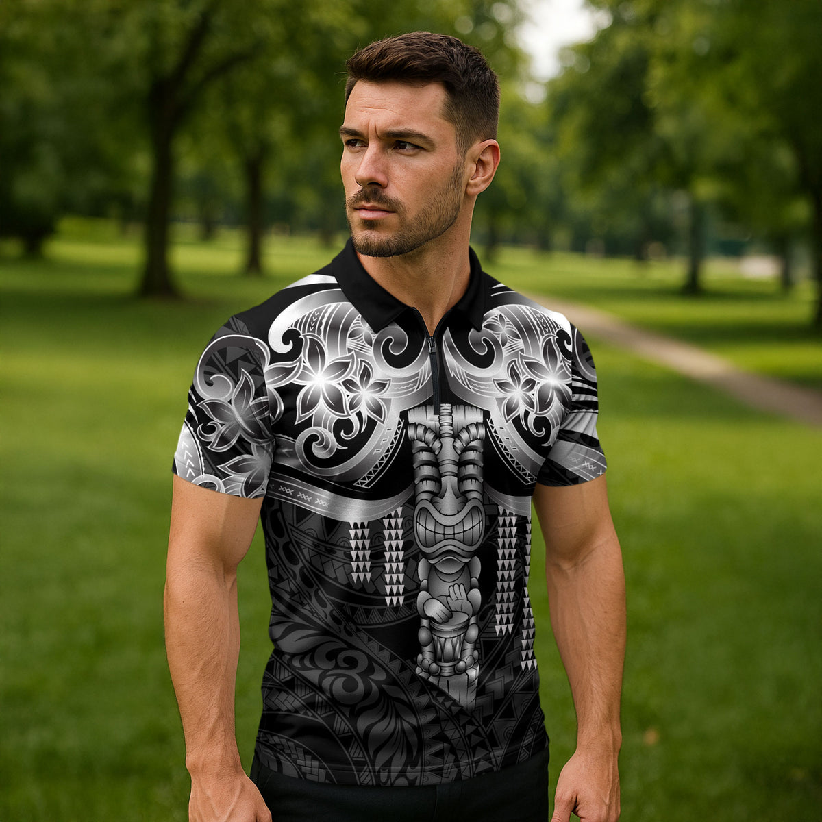 Tiki Drum Hawaii Zipper Polo Shirt Hawaiian Kakau Tattoo Style