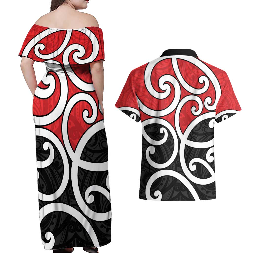 New Zealand Couples Matching Off Shoulder Maxi Dress and Hawaiian Shirt Maori Koru Tino Rangatiratanga Color - Polynesian Pride