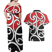 New Zealand Couples Matching Off Shoulder Maxi Dress and Hawaiian Shirt Maori Koru Tino Rangatiratanga Color - Polynesian Pride