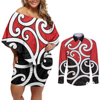 New Zealand Couples Matching Off Shoulder Short Dress and Long Sleeve Button Shirt Maori Koru Tino Rangatiratanga Color - Polynesian Pride