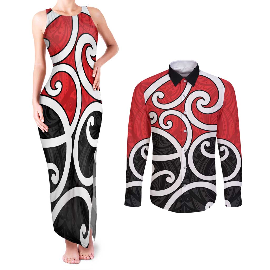 New Zealand Couples Matching Tank Maxi Dress and Long Sleeve Button Shirt Maori Koru Tino Rangatiratanga Color - Polynesian Pride
