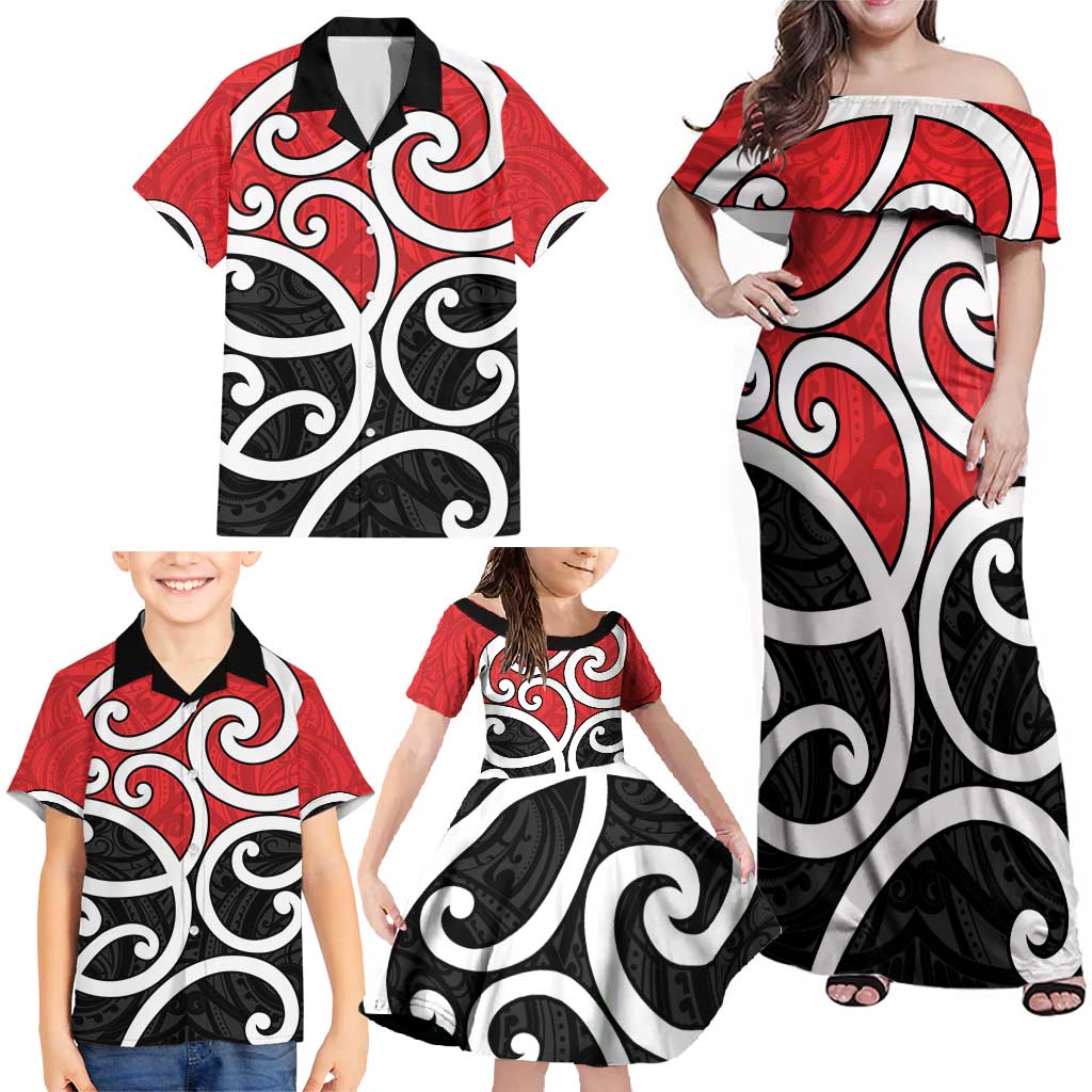 New Zealand Family Matching Off Shoulder Maxi Dress and Hawaiian Shirt Maori Koru Tino Rangatiratanga Color - Polynesian Pride