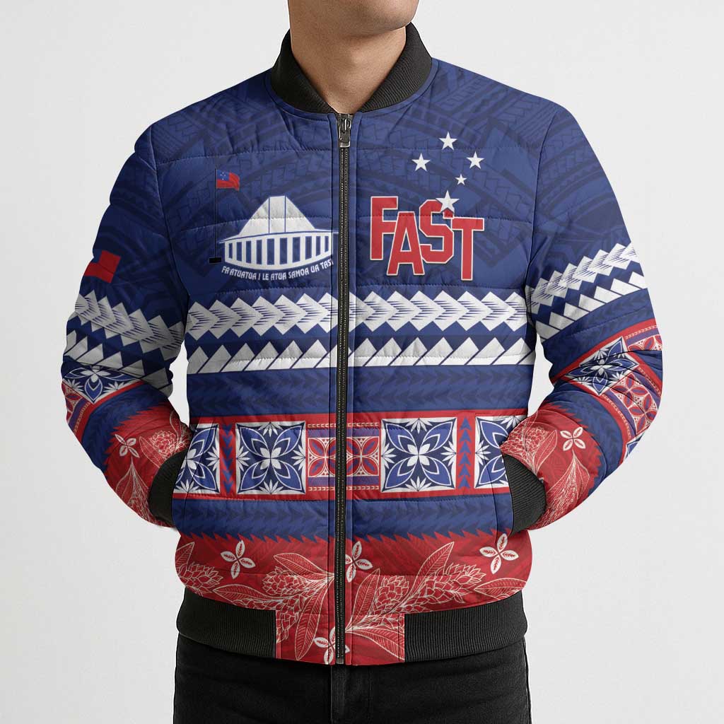 Personalised FAST Samoa Siapo Bomber Puffer Jacket Teuila Flowers Samoan Pattern LT14 - Polynesian Pride