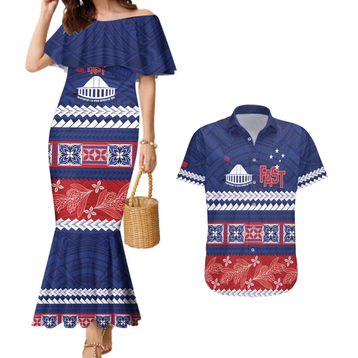 Personalised FAST Samoa Siapo Couples Matching Mermaid Dress and Hawaiian Shirt Teuila Flowers Samoan Pattern - Polynesian Pride