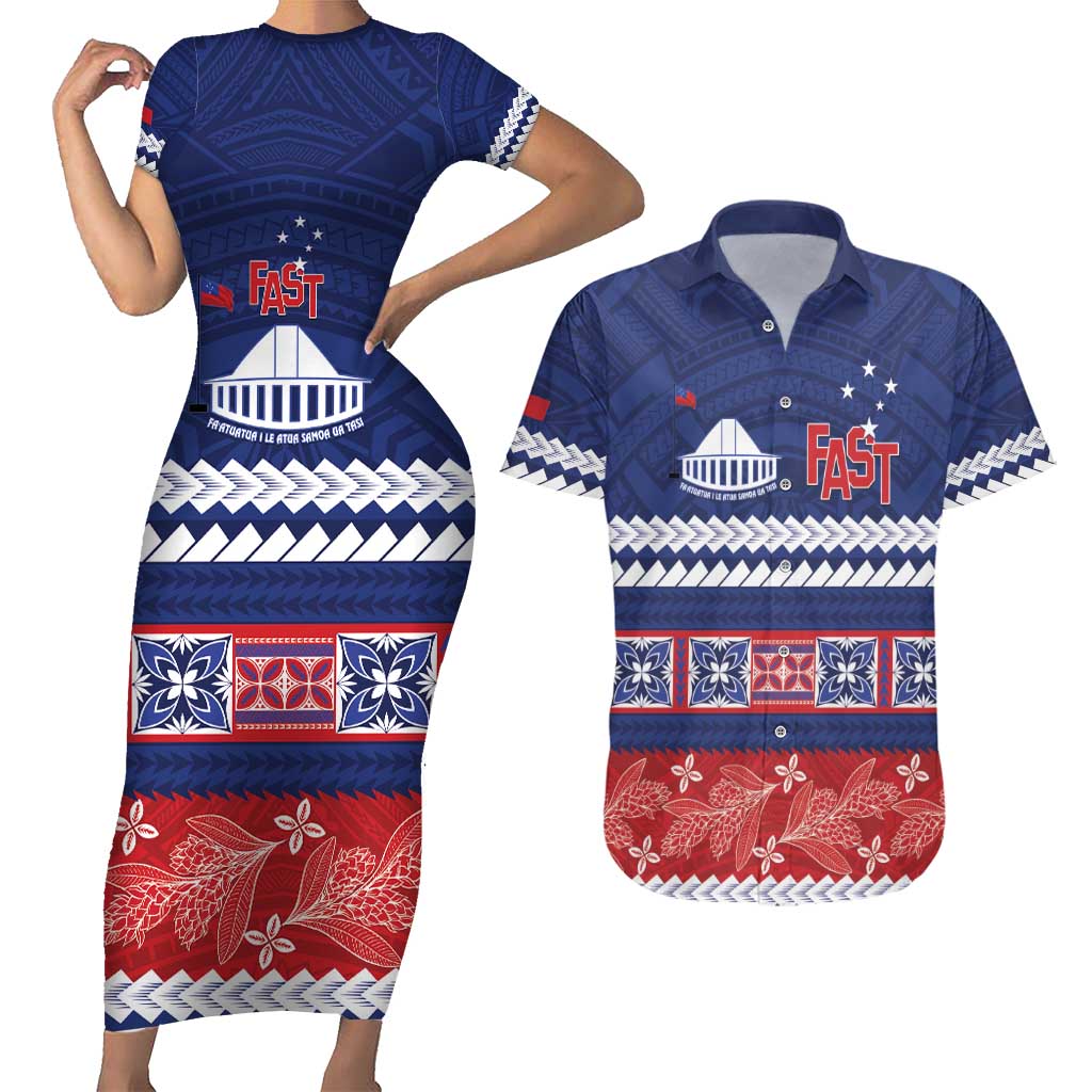 Personalised FAST Samoa Siapo Couples Matching Short Sleeve Bodycon Dress and Hawaiian Shirt Teuila Flowers Samoan Pattern - Polynesian Pride