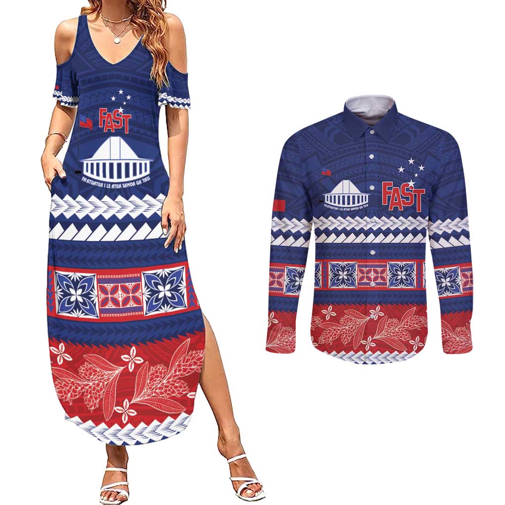Personalised FAST Samoa Siapo Couples Matching Summer Maxi Dress and Long Sleeve Button Shirt Teuila Flowers Samoan Pattern - Polynesian Pride
