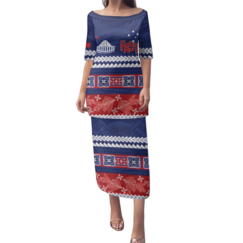 Personalised FAST Samoa Siapo Family Matching Puletasi and Hawaiian Shirt Teuila Flowers Samoan Pattern LT14 Mom's Dress Blue - Polynesian Pride