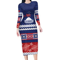 Personalised FAST Samoa Siapo Long Sleeve Bodycon Dress Teuila Flowers Samoan Pattern - Polynesian Pride