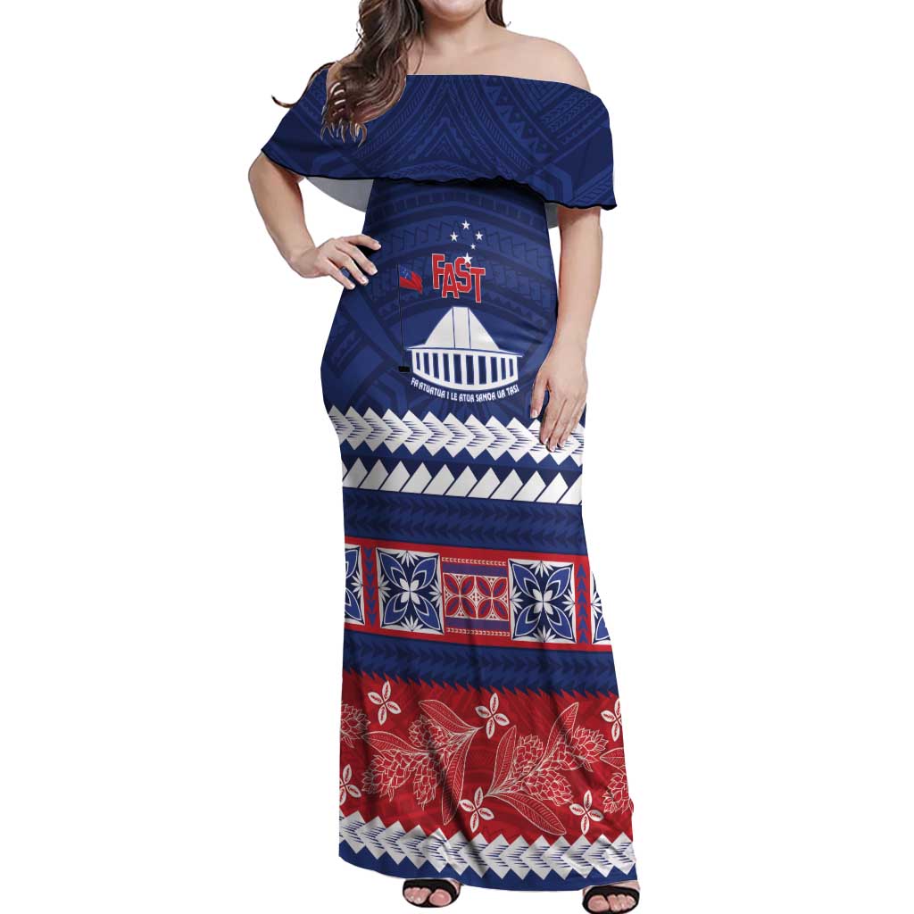 Personalised FAST Samoa Siapo Off Shoulder Maxi Dress Teuila Flowers Samoan Pattern LT14 Women Blue - Polynesian Pride