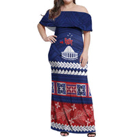 Personalised FAST Samoa Siapo Off Shoulder Maxi Dress Teuila Flowers Samoan Pattern LT14 Women Blue - Polynesian Pride