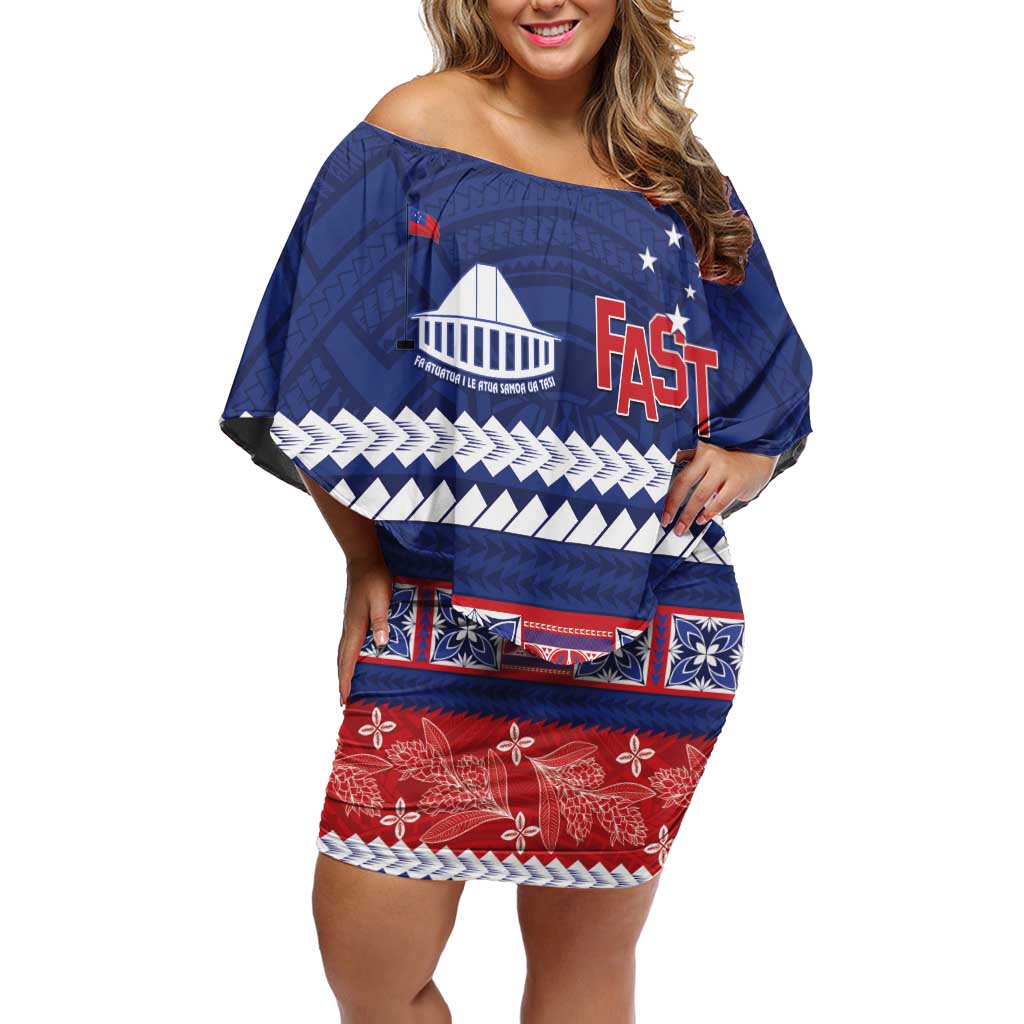 Personalised FAST Samoa Siapo Off Shoulder Short Dress Teuila Flowers Samoan Pattern - Polynesian Pride