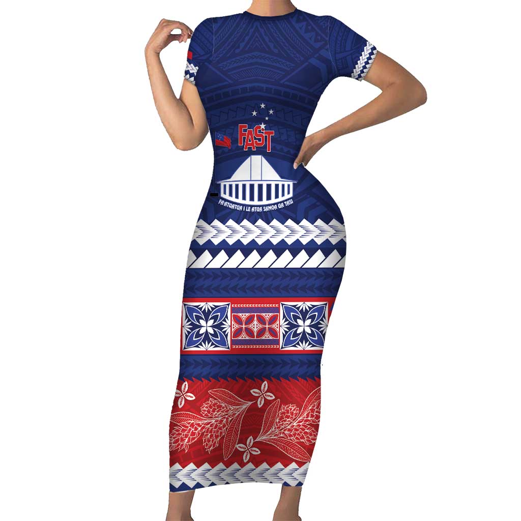 Personalised FAST Samoa Siapo Short Sleeve Bodycon Dress Teuila Flowers Samoan Pattern - Polynesian Pride