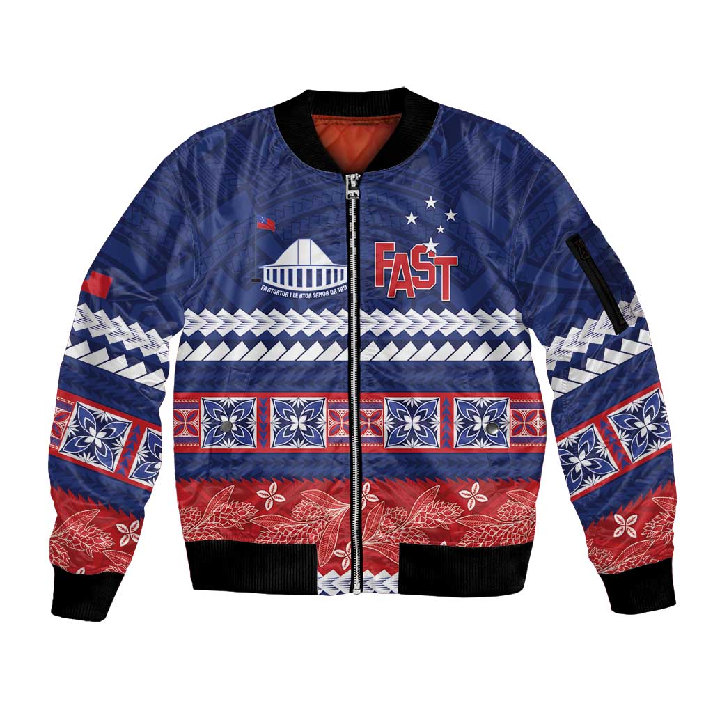 Personalised FAST Samoa Siapo Sleeve Zip Bomber Jacket Teuila Flowers Samoan Pattern - Polynesian Pride