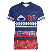 Personalised FAST Samoa Siapo Women V-Neck T-Shirt Teuila Flowers Samoan Pattern - Polynesian Pride