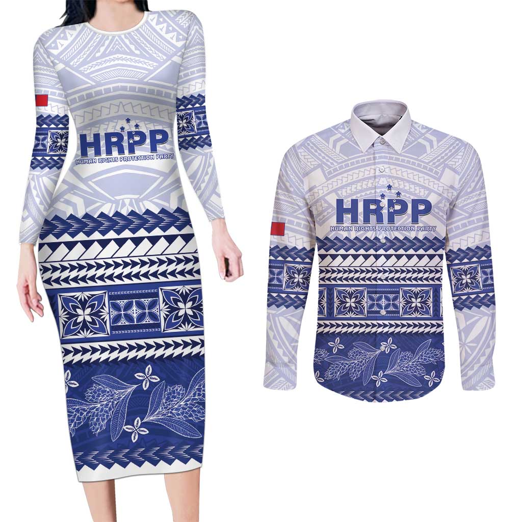 Personalised HRPP Samoa Siapo Couples Matching Long Sleeve Bodycon Dress and Long Sleeve Button Shirt Teuila Flowers Samoan Pattern - Polynesian Pride