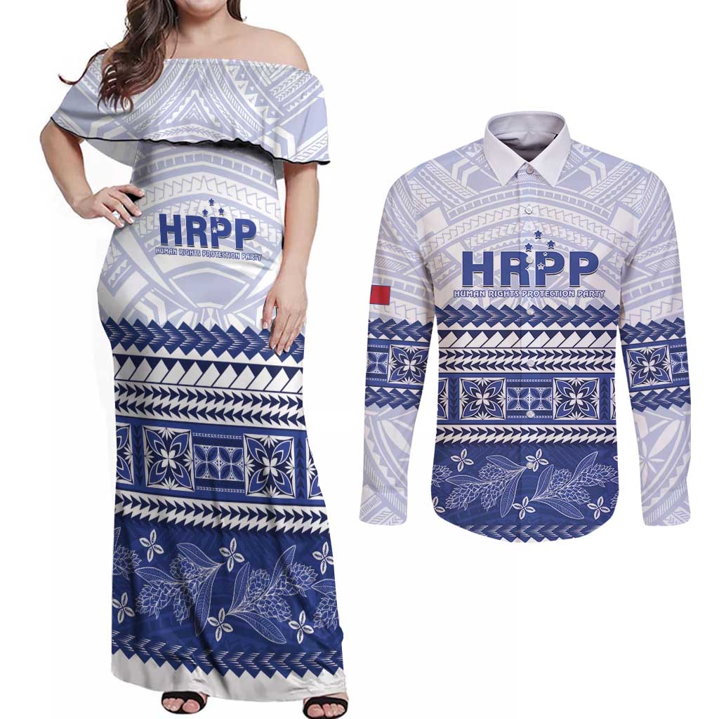 Personalised HRPP Samoa Siapo Couples Matching Off Shoulder Maxi Dress and Long Sleeve Button Shirt Teuila Flowers Samoan Pattern - Polynesian Pride