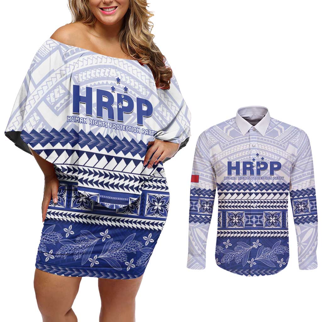 Personalised HRPP Samoa Siapo Couples Matching Off Shoulder Short Dress and Long Sleeve Button Shirt Teuila Flowers Samoan Pattern - Polynesian Pride