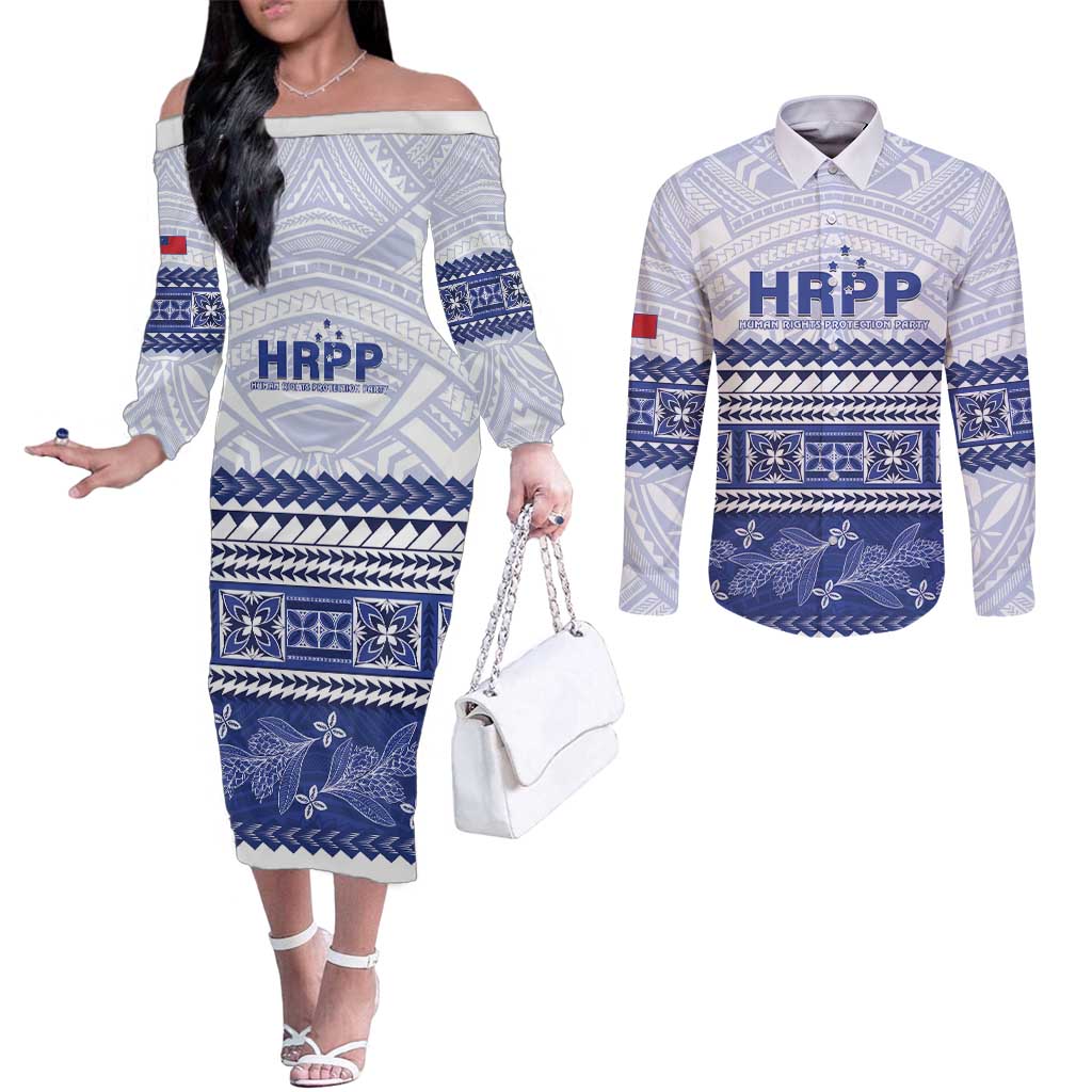 Personalised HRPP Samoa Siapo Couples Matching Off The Shoulder Long Sleeve Dress and Long Sleeve Button Shirt Teuila Flowers Samoan Pattern - Polynesian Pride