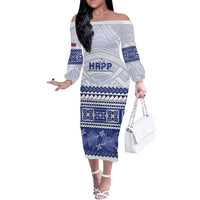 Personalised HRPP Samoa Siapo Off The Shoulder Long Sleeve Dress Teuila Flowers Samoan Pattern - Polynesian Pride