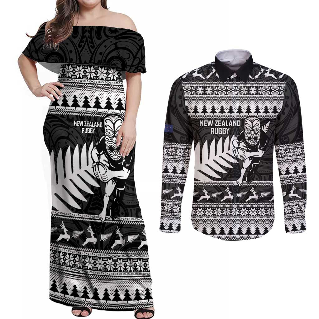 New Zealand Christmas Rugby Personalised Couples Matching Off Shoulder Maxi Dress and Long Sleeve Button Shirt Meri Kirihimete All Black Maori - Polynesian Pride