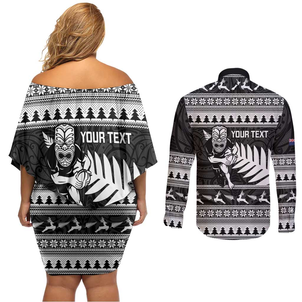 New Zealand Christmas Rugby Personalised Couples Matching Off Shoulder Short Dress and Long Sleeve Button Shirt Meri Kirihimete All Black Maori - Polynesian Pride