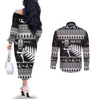 New Zealand Christmas Rugby Personalised Couples Matching Off The Shoulder Long Sleeve Dress and Long Sleeve Button Shirt Meri Kirihimete All Black Maori - Polynesian Pride