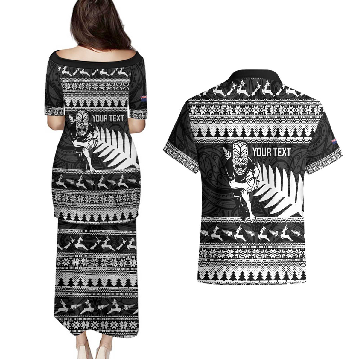 New Zealand Christmas Rugby Personalised Couples Matching Puletasi and Hawaiian Shirt Meri Kirihimete All Black Maori - Polynesian Pride