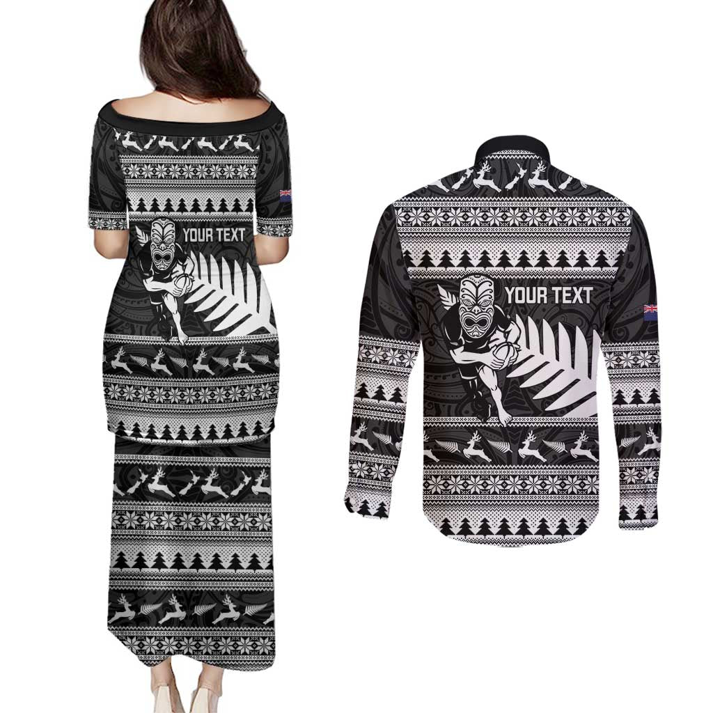 New Zealand Christmas Rugby Personalised Couples Matching Puletasi and Long Sleeve Button Shirt Meri Kirihimete All Black Maori - Polynesian Pride