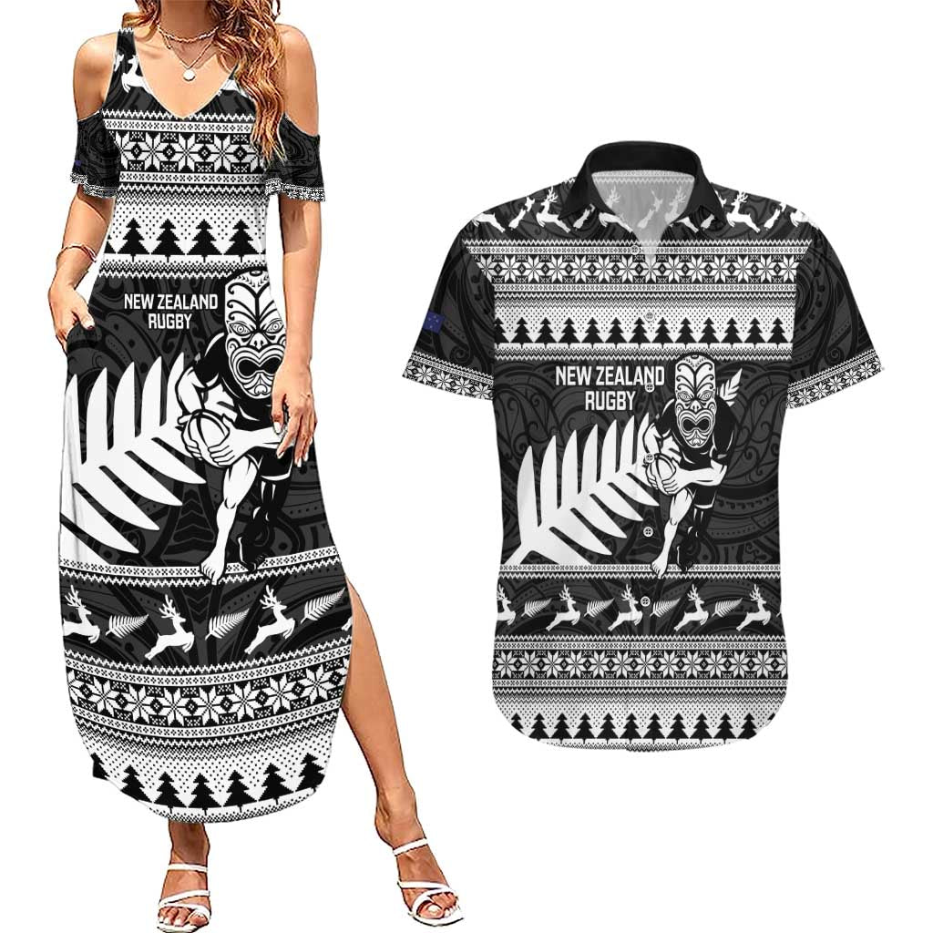 New Zealand Christmas Rugby Personalised Couples Matching Summer Maxi Dress and Hawaiian Shirt Meri Kirihimete All Black Maori - Polynesian Pride