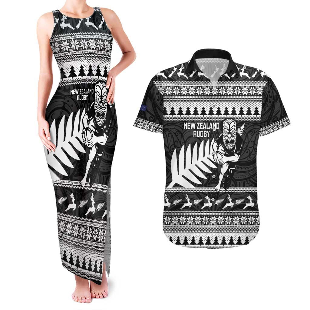 New Zealand Christmas Rugby Personalised Couples Matching Tank Maxi Dress and Hawaiian Shirt Meri Kirihimete All Black Maori - Polynesian Pride