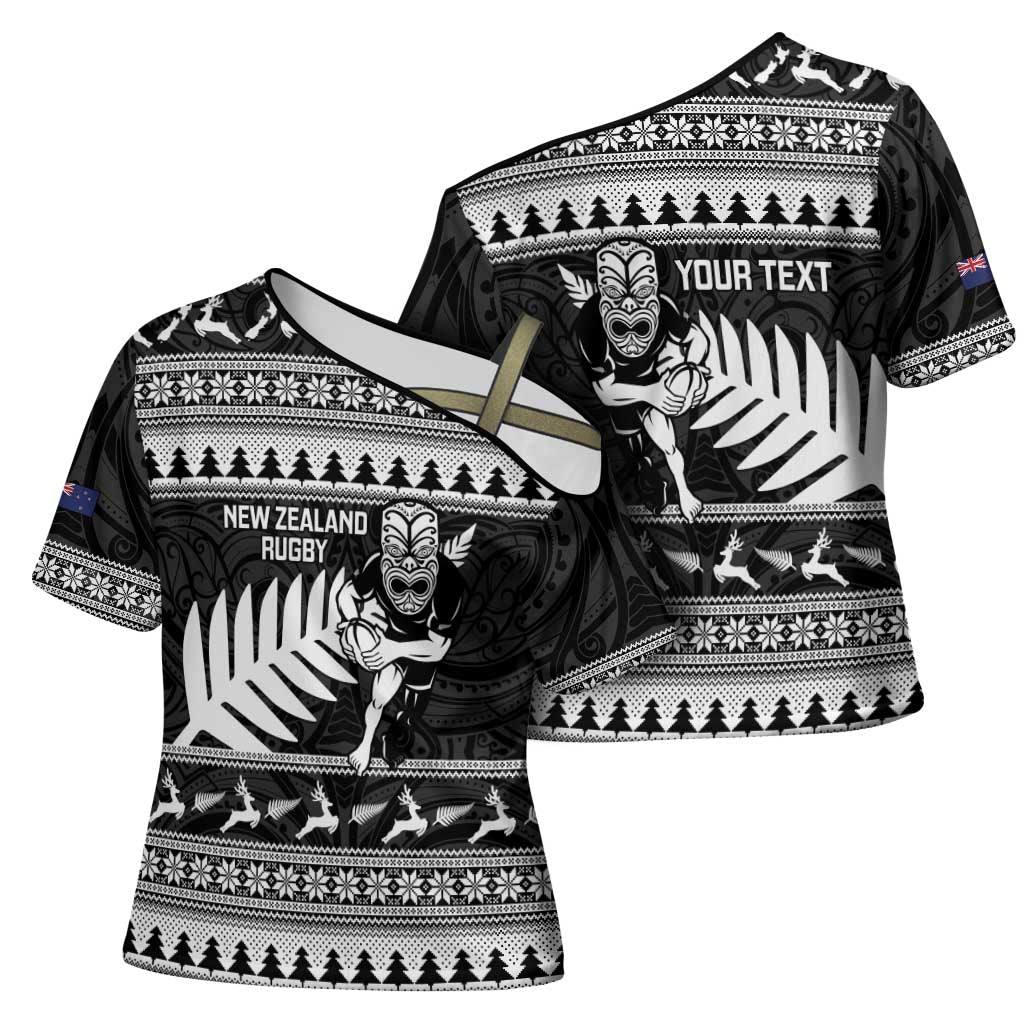 New Zealand Christmas Rugby Personalised Cross Shoulder Shirt Meri Kirihimete All Black Maori - Polynesian Pride