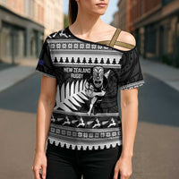 New Zealand Christmas Rugby Personalised Cross Shoulder Shirt Meri Kirihimete All Black Maori - Polynesian Pride