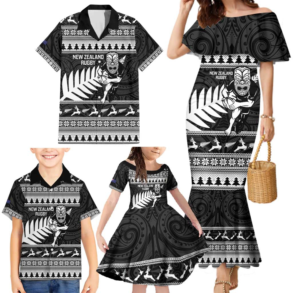 New Zealand Christmas Rugby Personalised Family Matching Mermaid Dress and Hawaiian Shirt Meri Kirihimete All Black Maori - Polynesian Pride