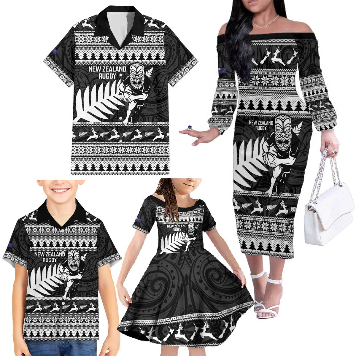 New Zealand Christmas Rugby Personalised Family Matching Off The Shoulder Long Sleeve Dress and Hawaiian Shirt Meri Kirihimete All Black Maori - Polynesian Pride
