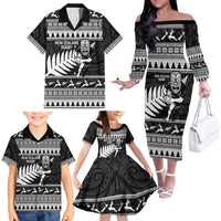 New Zealand Christmas Rugby Personalised Family Matching Off The Shoulder Long Sleeve Dress and Hawaiian Shirt Meri Kirihimete All Black Maori - Polynesian Pride
