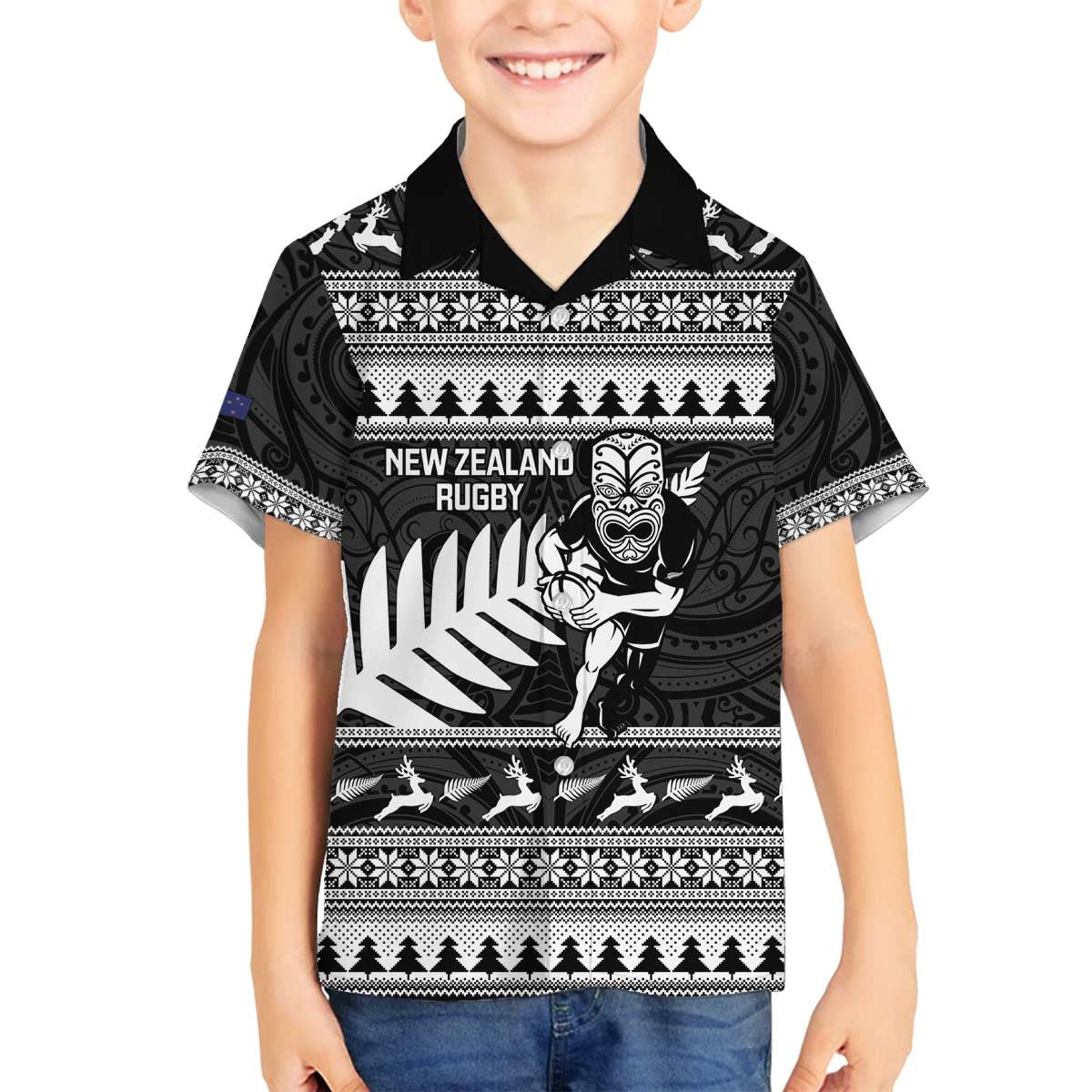 New Zealand Christmas Rugby Personalised Family Matching Off The Shoulder Long Sleeve Dress and Hawaiian Shirt Meri Kirihimete All Black Maori - Polynesian Pride