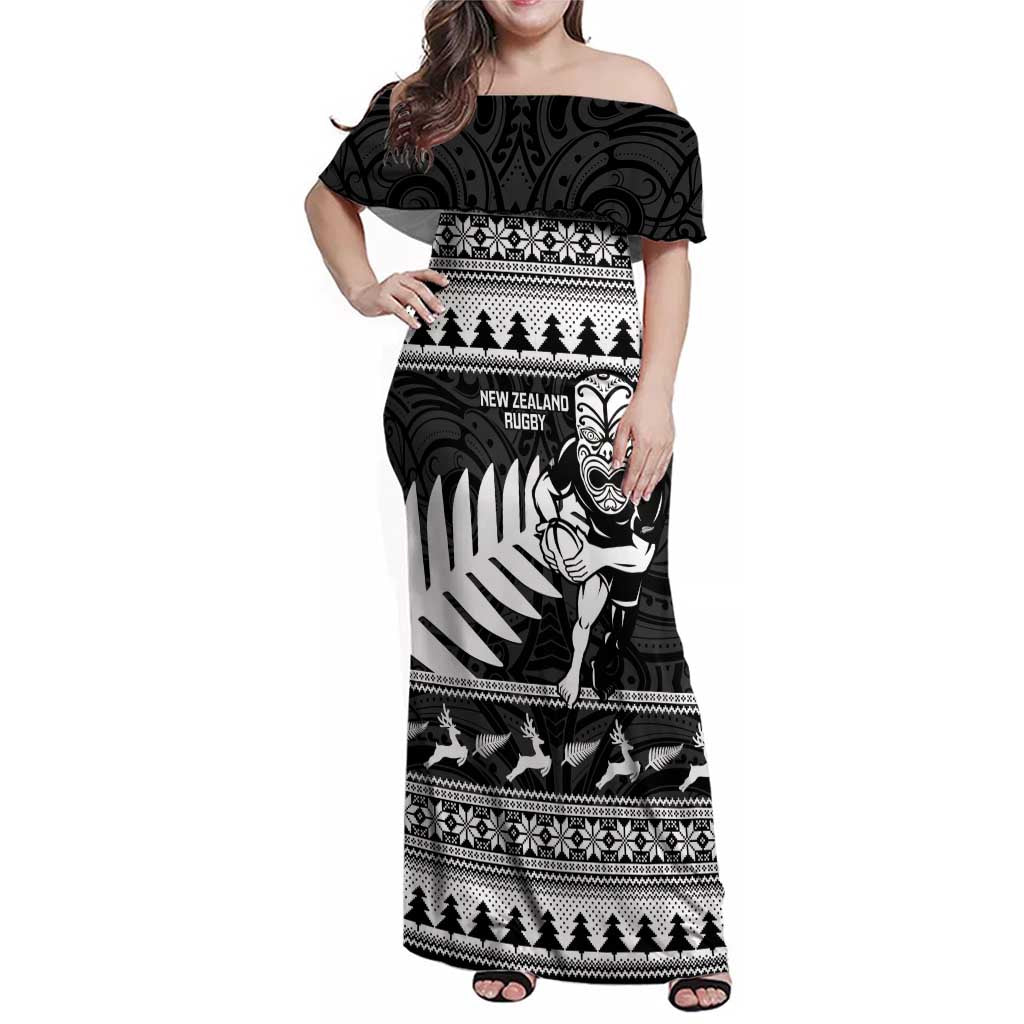 New Zealand Christmas Rugby Personalised Family Matching Off Shoulder Maxi Dress and Hawaiian Shirt Meri Kirihimete All Black Maori - Polynesian Pride