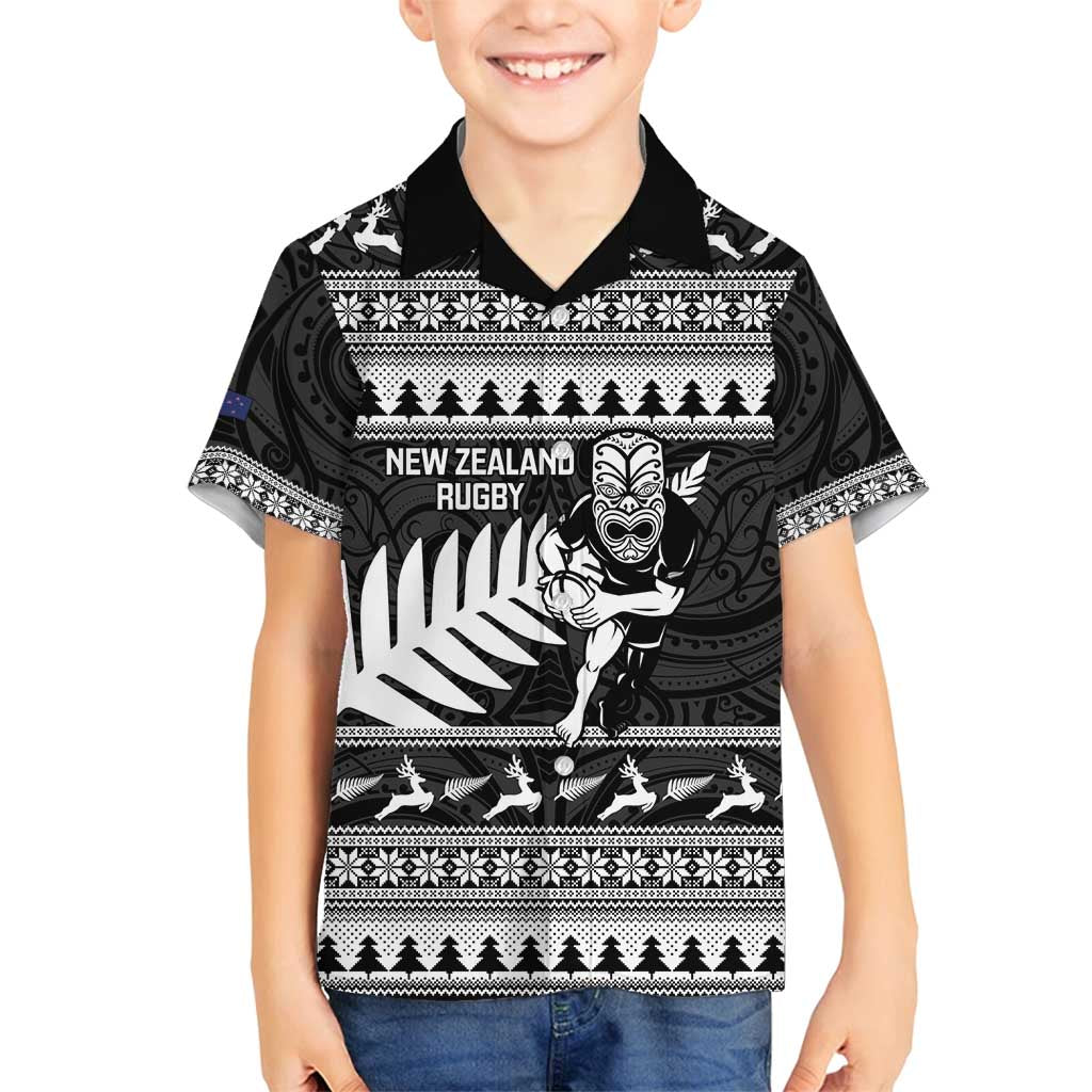 New Zealand Christmas Rugby Personalised Family Matching Off Shoulder Short Dress and Hawaiian Shirt Meri Kirihimete All Black Maori - Polynesian Pride