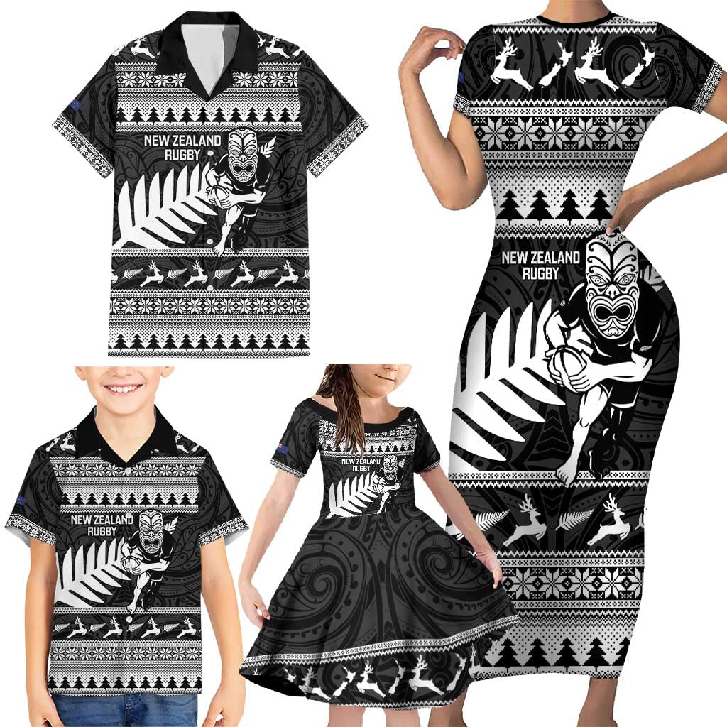 New Zealand Christmas Rugby Personalised Family Matching Short Sleeve Bodycon Dress and Hawaiian Shirt Meri Kirihimete All Black Maori - Polynesian Pride