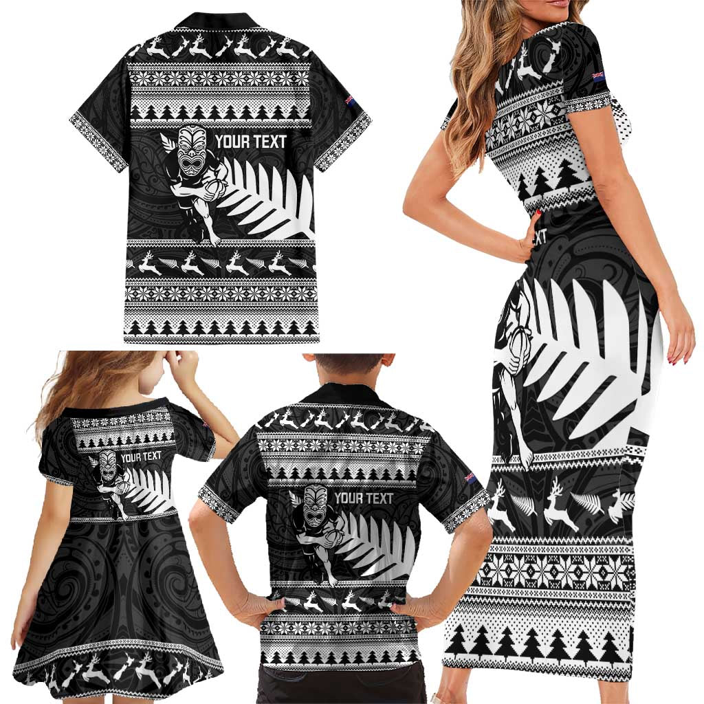 New Zealand Christmas Rugby Personalised Family Matching Short Sleeve Bodycon Dress and Hawaiian Shirt Meri Kirihimete All Black Maori - Polynesian Pride