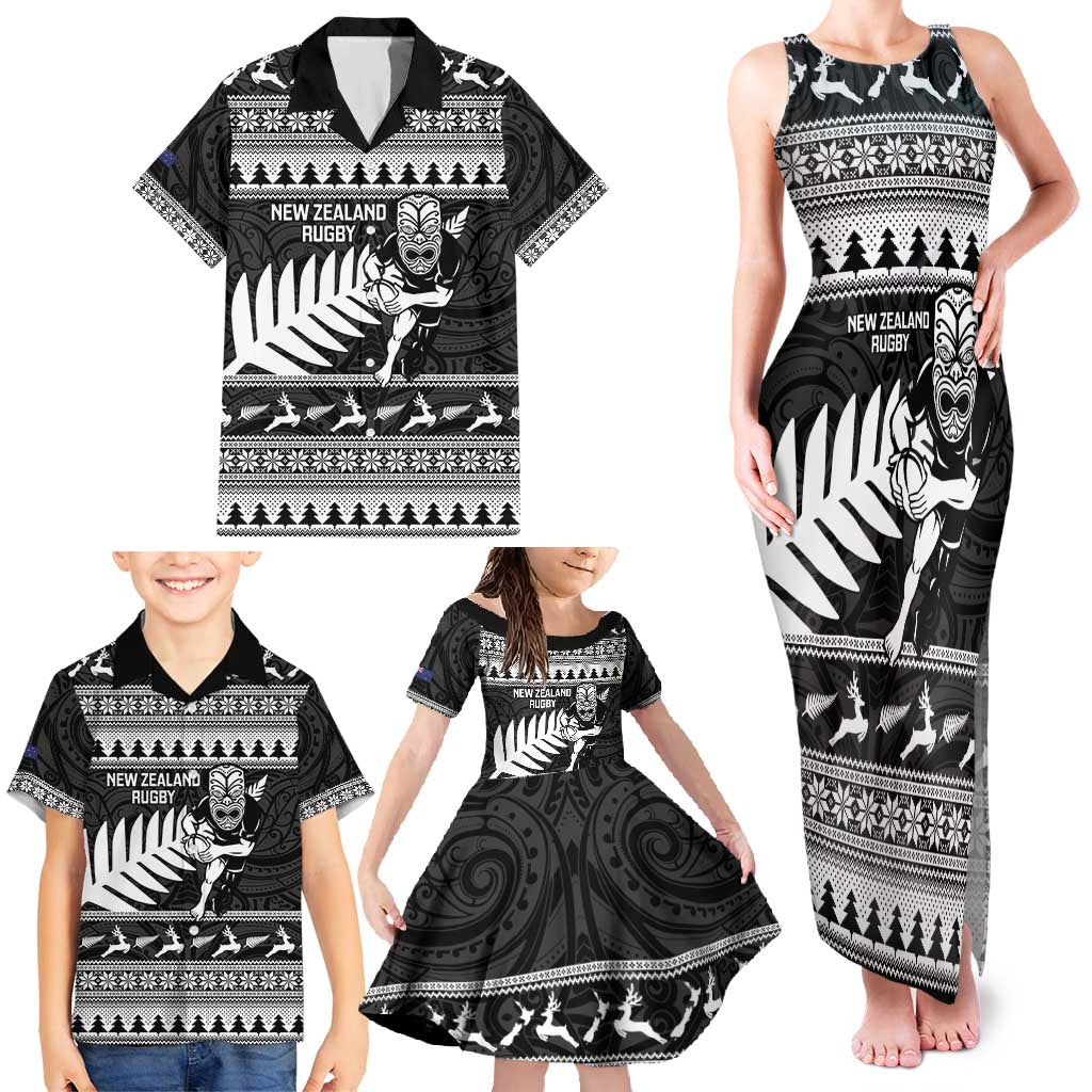 New Zealand Christmas Rugby Personalised Family Matching Tank Maxi Dress and Hawaiian Shirt Meri Kirihimete All Black Maori - Polynesian Pride