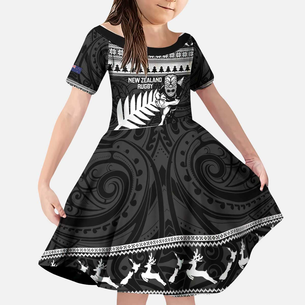 New Zealand Christmas Rugby Personalised Kid Short Sleeve Dress Meri Kirihimete All Black Maori - Polynesian Pride