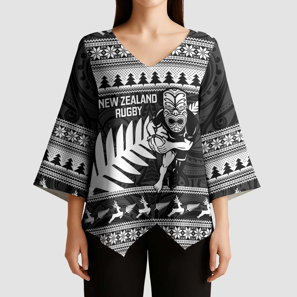 New Zealand Christmas Rugby Personalised Kimono Sleeve Blouse Meri Kirihimete All Black Maori - Polynesian Pride
