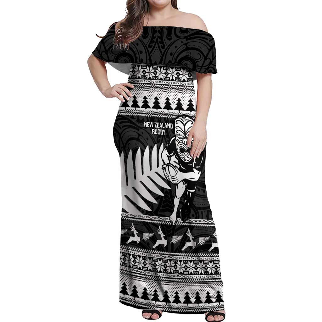 New Zealand Christmas Rugby Personalised Off Shoulder Maxi Dress Meri Kirihimete All Black Maori - Polynesian Pride