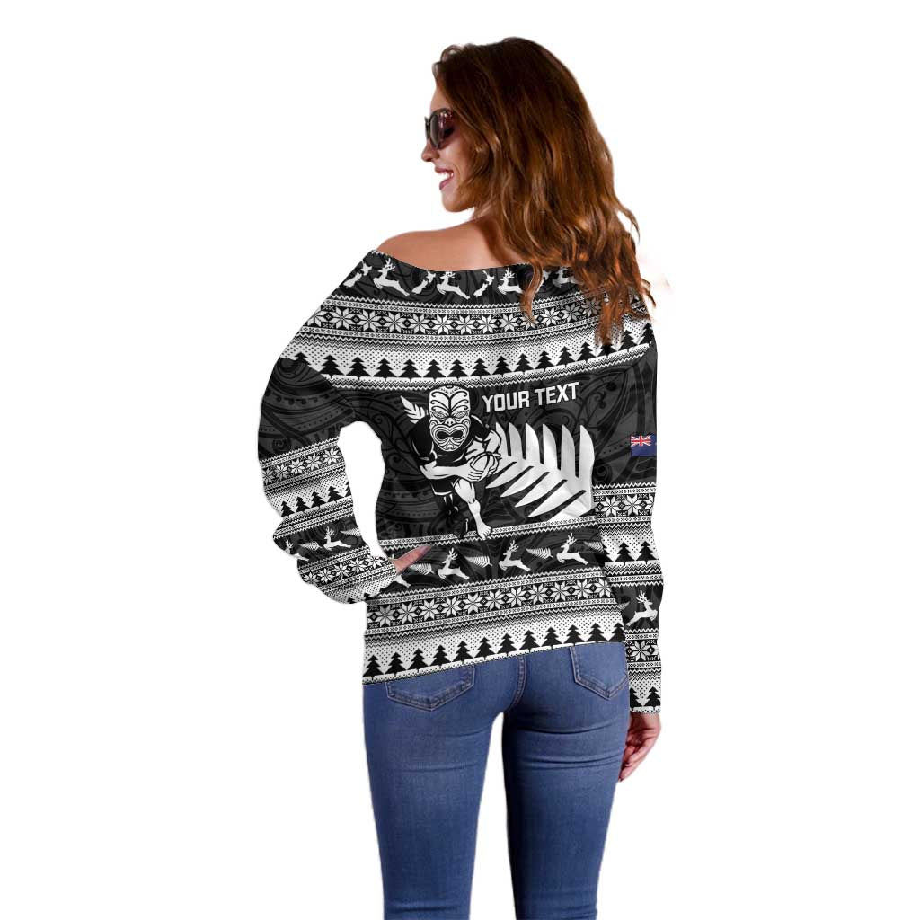 New Zealand Christmas Rugby Personalised Off Shoulder Sweater Meri Kirihimete All Black Maori - Polynesian Pride