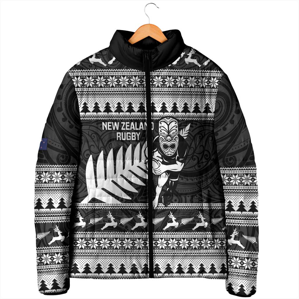New Zealand Christmas Rugby Personalised Padded Jacket Meri Kirihimete All Black Maori - Polynesian Pride