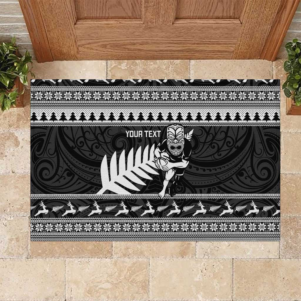 New Zealand Christmas Rugby Personalised Rubber Doormat Meri Kirihimete All Black Maori - Polynesian Pride