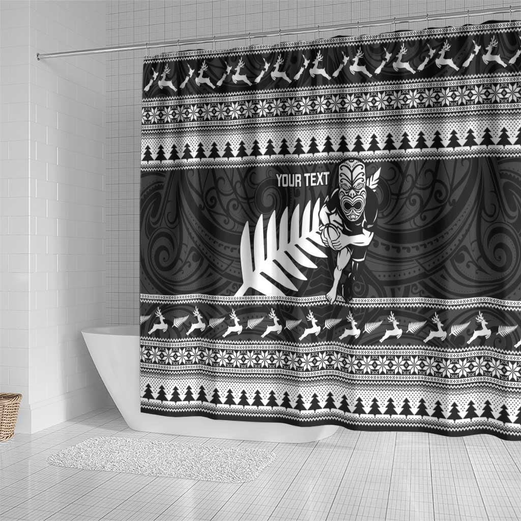 New Zealand Christmas Rugby Personalised Shower Curtain Meri Kirihimete All Black Maori - Polynesian Pride
