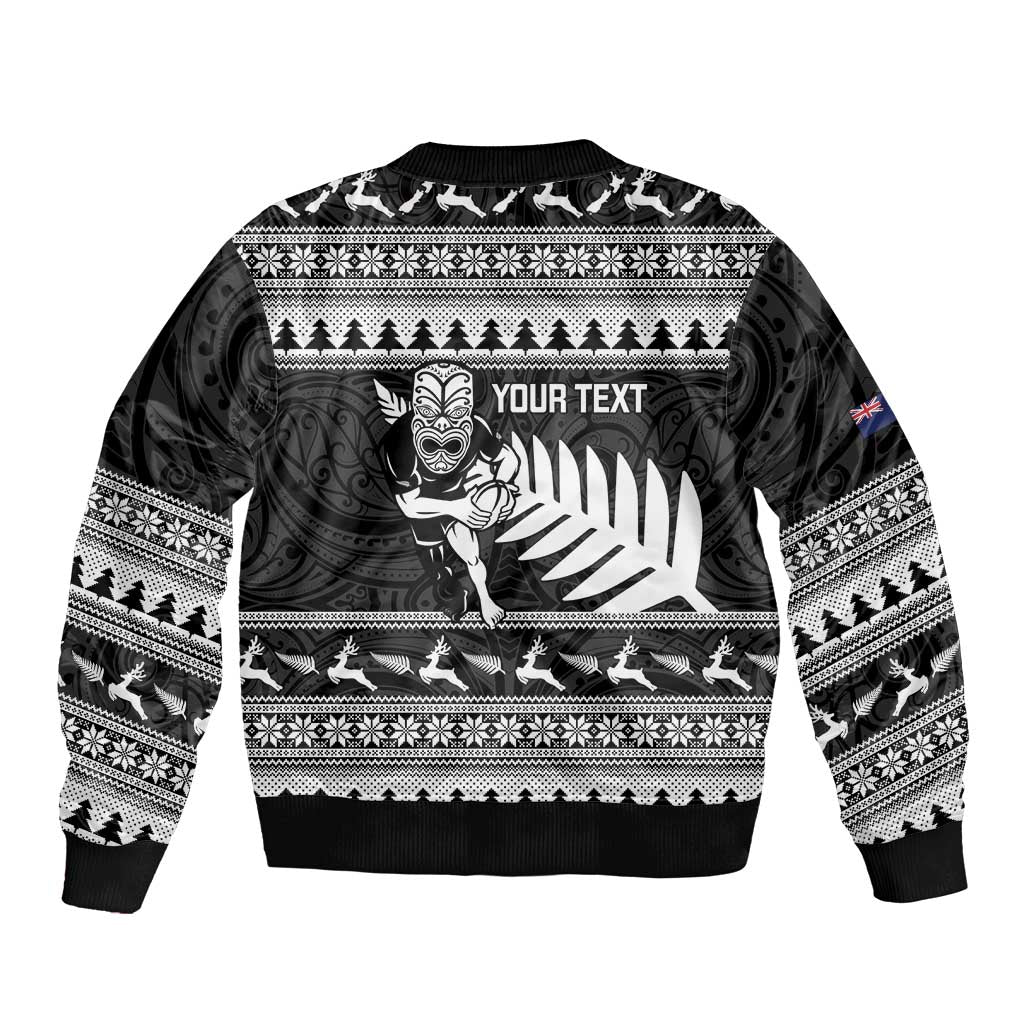 New Zealand Christmas Rugby Personalised Sleeve Zip Bomber Jacket Meri Kirihimete All Black Maori - Polynesian Pride
