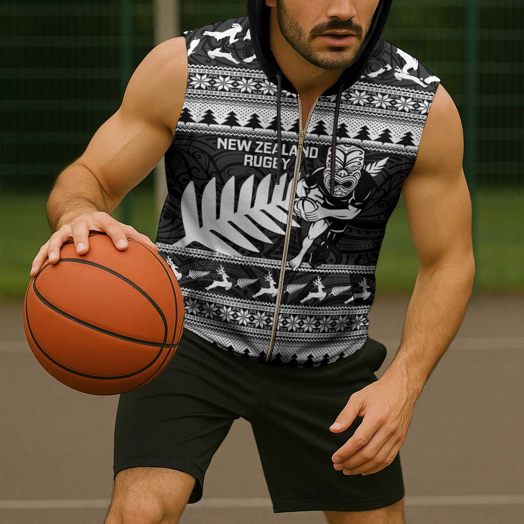 New Zealand Christmas Rugby Personalised Sleeveless Zip Hoodie Meri Kirihimete All Black Maori - Polynesian Pride